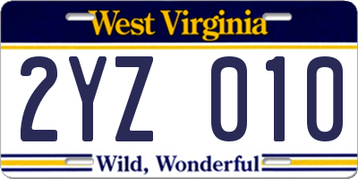 WV license plate 2YZ010