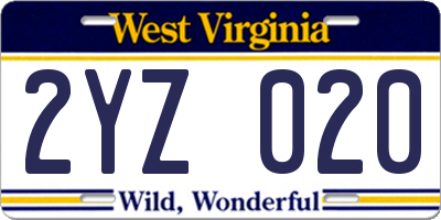 WV license plate 2YZ020