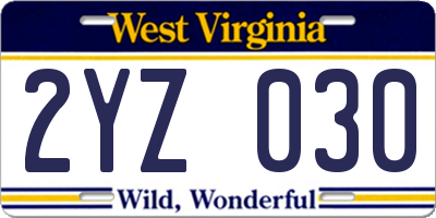 WV license plate 2YZ030