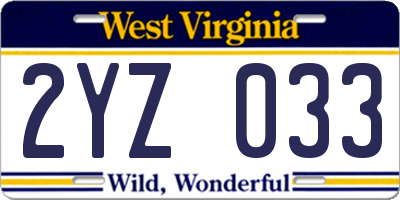 WV license plate 2YZ033