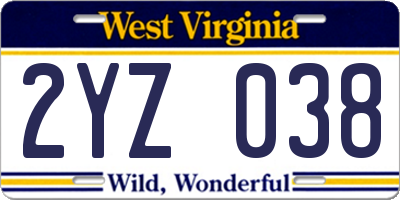 WV license plate 2YZ038