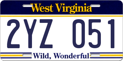 WV license plate 2YZ051