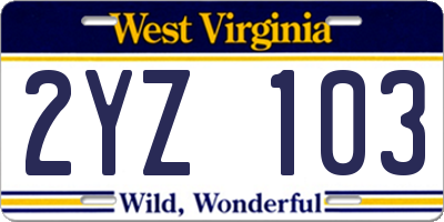 WV license plate 2YZ103