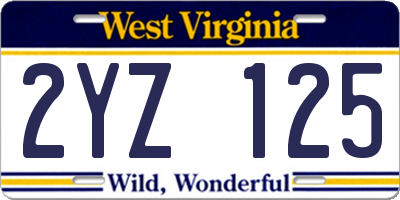 WV license plate 2YZ125