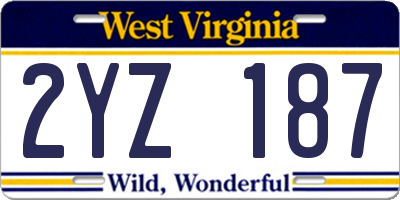 WV license plate 2YZ187