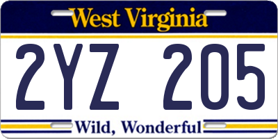 WV license plate 2YZ205