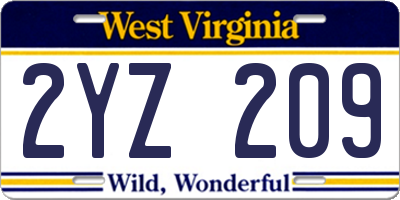 WV license plate 2YZ209