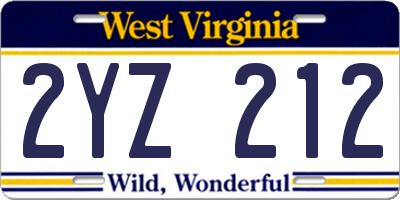 WV license plate 2YZ212