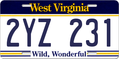 WV license plate 2YZ231