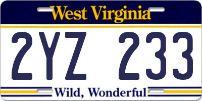 WV license plate 2YZ233