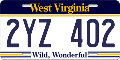 WV license plate 2YZ402