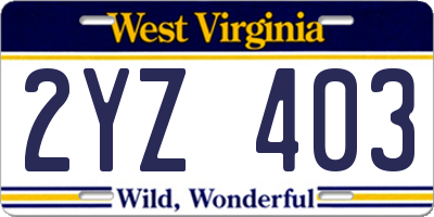 WV license plate 2YZ403