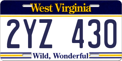 WV license plate 2YZ430
