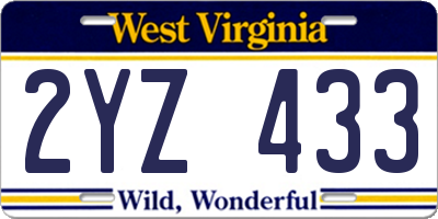 WV license plate 2YZ433