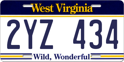 WV license plate 2YZ434