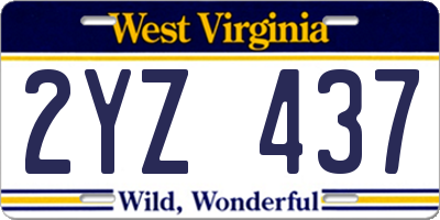 WV license plate 2YZ437