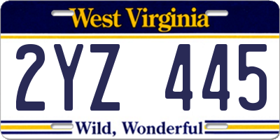 WV license plate 2YZ445