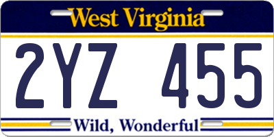 WV license plate 2YZ455