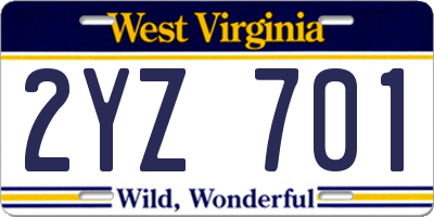 WV license plate 2YZ701
