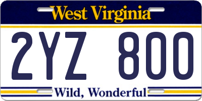 WV license plate 2YZ800