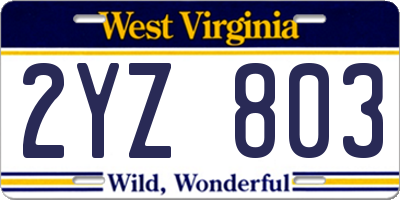 WV license plate 2YZ803