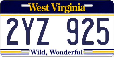 WV license plate 2YZ925