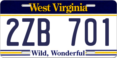 WV license plate 2ZB701