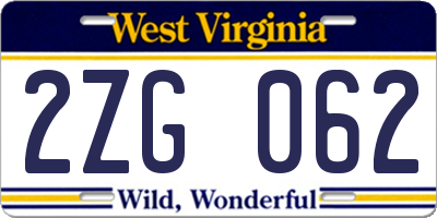 WV license plate 2ZG062