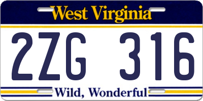 WV license plate 2ZG316
