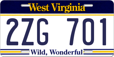 WV license plate 2ZG701
