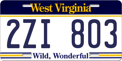 WV license plate 2ZI803