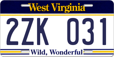 WV license plate 2ZK031