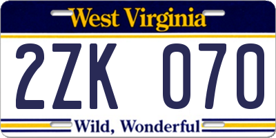 WV license plate 2ZK070