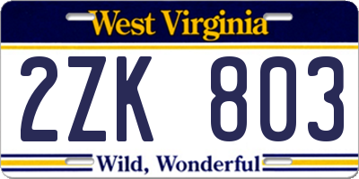 WV license plate 2ZK803