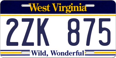 WV license plate 2ZK875