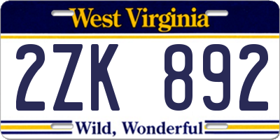 WV license plate 2ZK892
