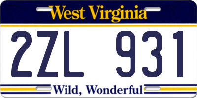 WV license plate 2ZL931