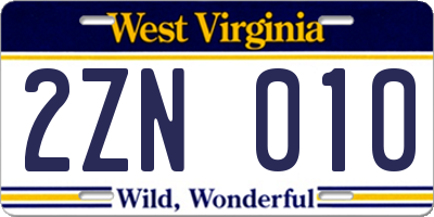 WV license plate 2ZN010