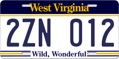 WV license plate 2ZN012