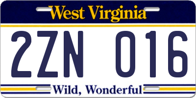 WV license plate 2ZN016