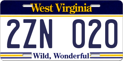 WV license plate 2ZN020
