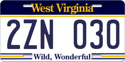 WV license plate 2ZN030