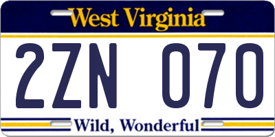 WV license plate 2ZN070
