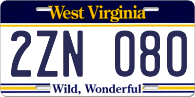 WV license plate 2ZN080