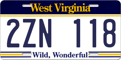 WV license plate 2ZN118
