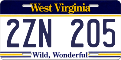 WV license plate 2ZN205