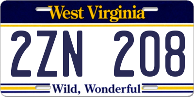 WV license plate 2ZN208