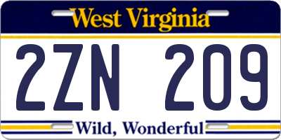 WV license plate 2ZN209