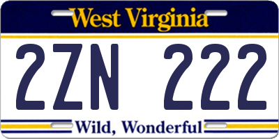 WV license plate 2ZN222