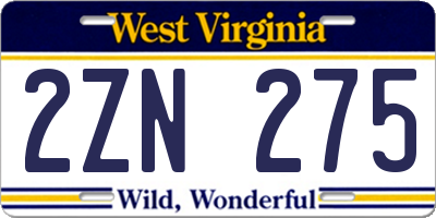 WV license plate 2ZN275